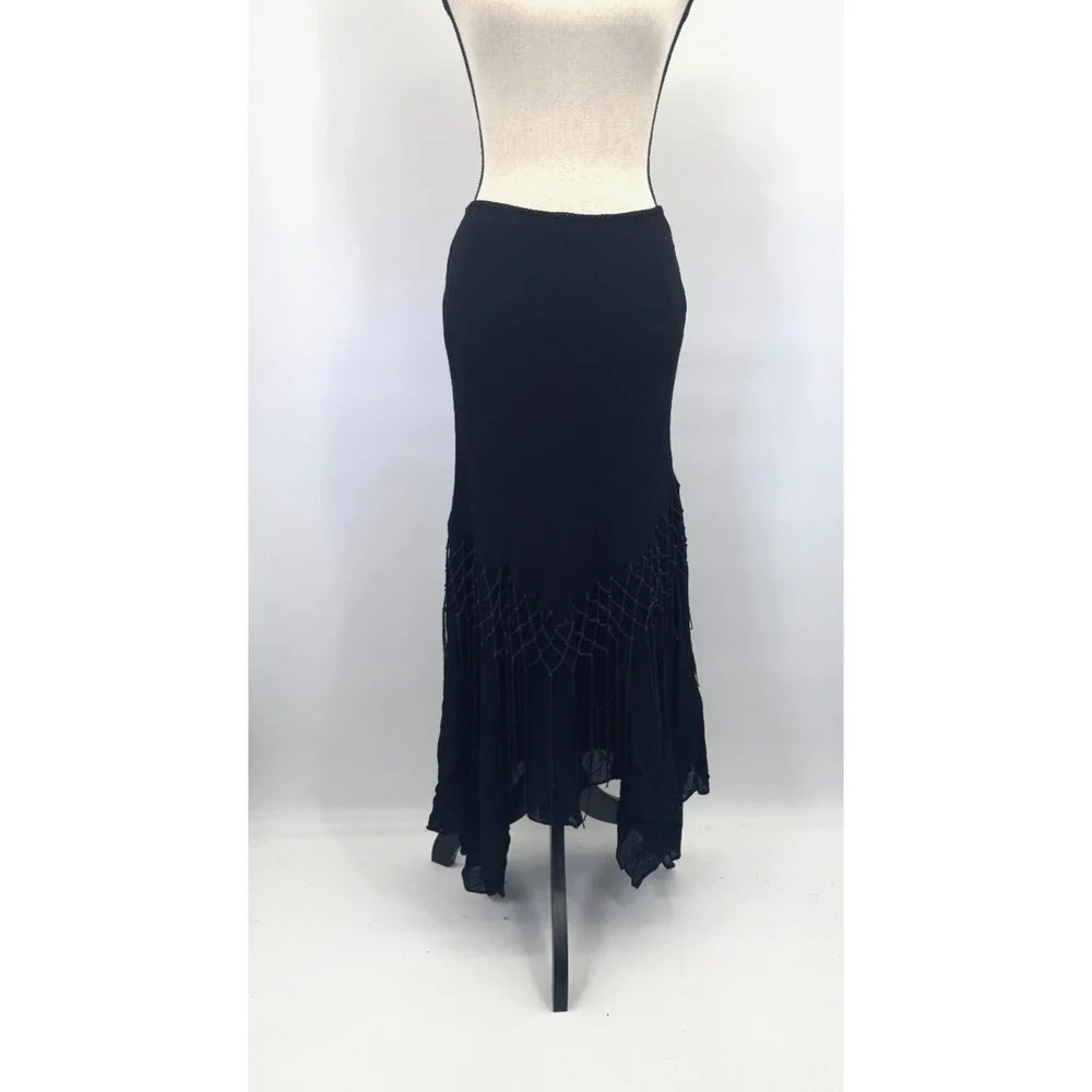 VTG Whimsigoth Dressbarn Lattice Fringe Asymmetrical Maxi Skirt L Dark Cottage